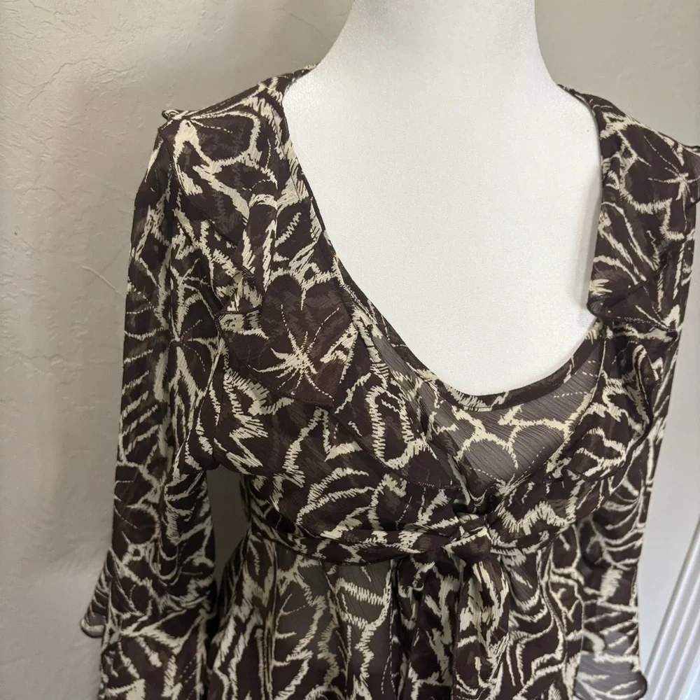 NWT 90s Sheer Floral Ruffle Tie Blouse Brown Beige | Versailles PM - Picture 4 of 12